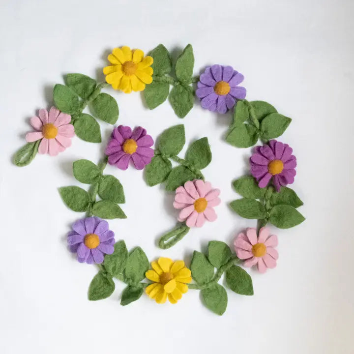 Wool Felt Garland - Purple, Pink, Yellow Daisies